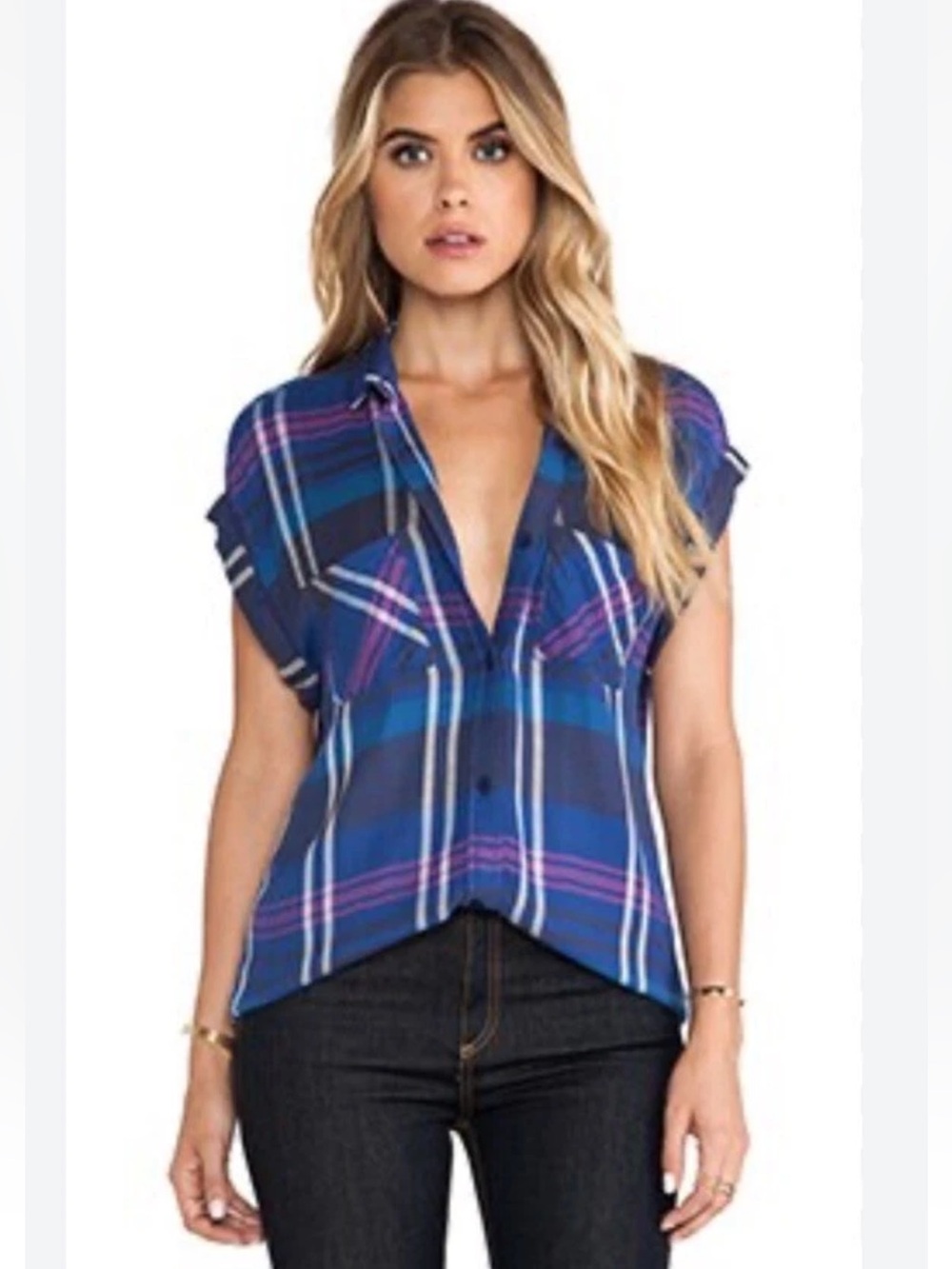 Rails x Free People Brit Rayon Sleeveless Plaid Button Down Top